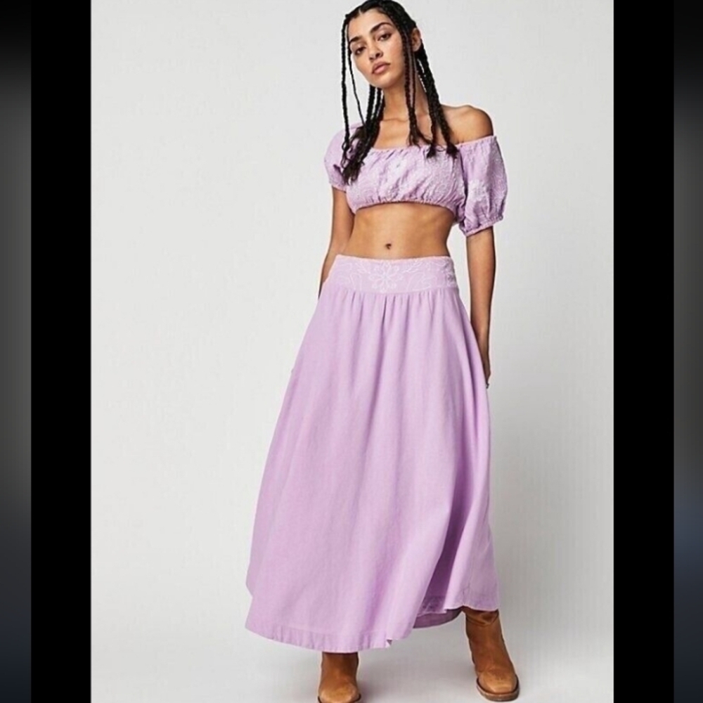 Free People Embroidered Lotus Cotton Full Flowy Pastel Purple  Boho Maxi Skirt M